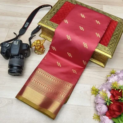Teal Green Gold Zari Butta Fusion Soft Silk Saree